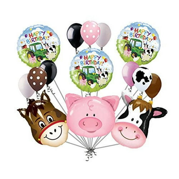 15 pc Farm Animal Heads Balloon Bouquet Happy Birthday Party Decoration Cow Pig
