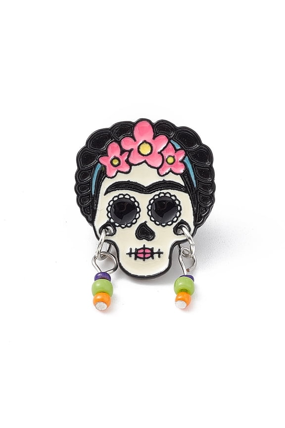 15 pc Flower Skull Enamel Pin with Glass Seed Beaded Electrophoresis Black Alloy Brooch for Backpack Clothes Colorful 32.5x21.6x1.8mm Pin: 1mm