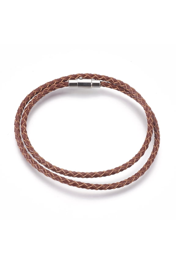 15 pc Leather Cord Wrap Bracelets/Necklaces Two Loops with 304 Stainless Steel Magnetic Screw Clasps Column Coconut Brown 16.5 inch~16.9 inch(42~43cm) 3mm