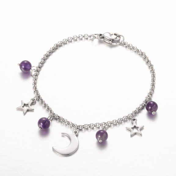 15 pc Moon & Star Stainless Steel Gemstone Charm Bracelets with Lobster Claw Clasps Amethyst 7-1/4 inch(185mm)