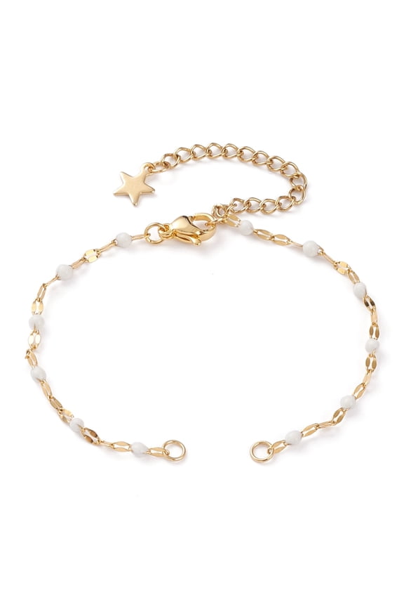 15 pc PVD Vacuum Plating 304 Stainless Steel Link Chain Bracelet Making with Enamel Lobster Claw Clasps Chain Extender Jump Rings White 6-3/8 inch(16.2cm)