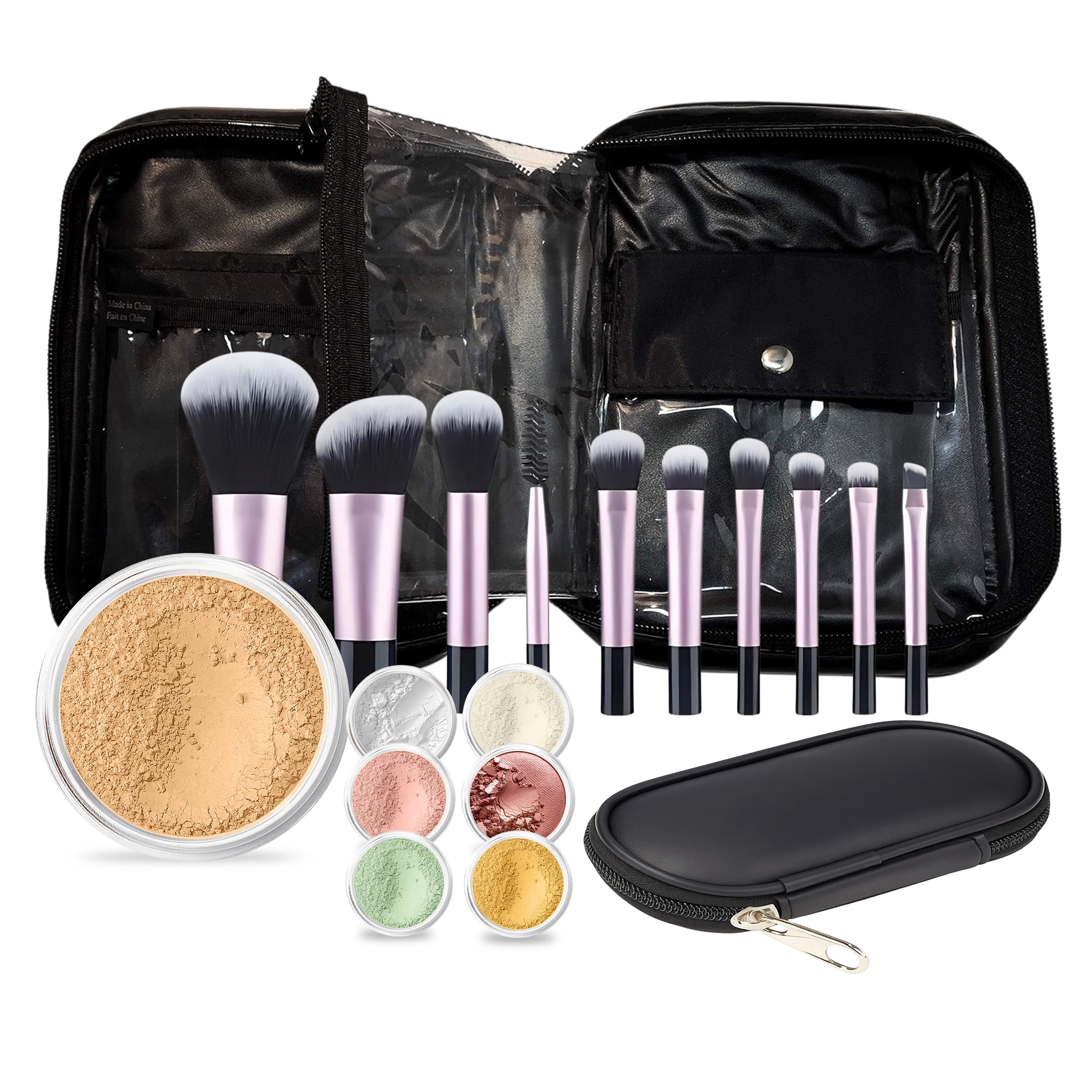 15 pc STARTER KIT w/BRUSHES & CASE (BEIGE) Mineral Makeup Foundation Blush Bronzer Illuminating Veil Set Bare Skin Matte Powder
