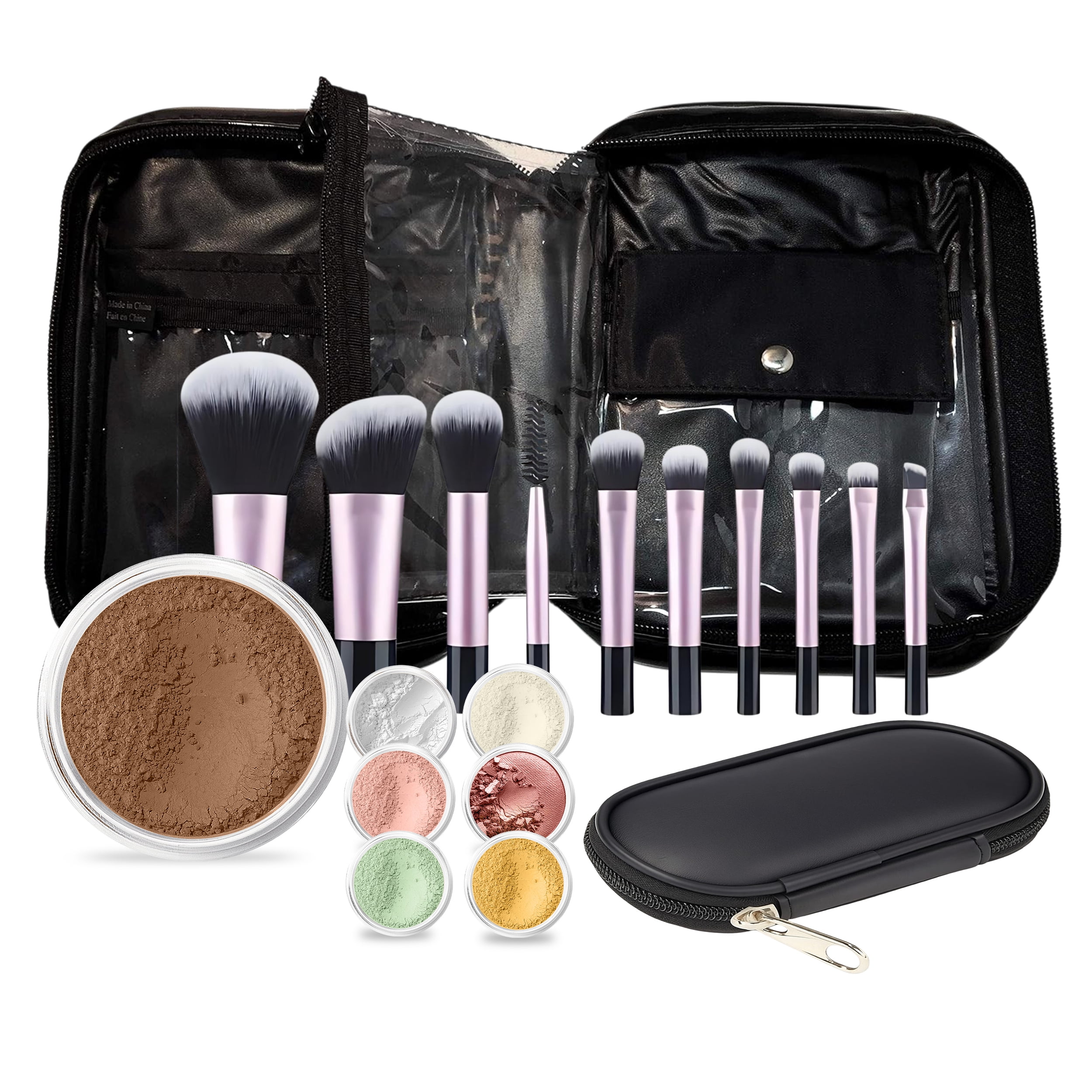 15 pc STARTER KIT w/BRUSHES & CASE (COCOA) Mineral Makeup Foundation Blush Bronzer Illuminating Veil Set Bare Skin Matte Powder
