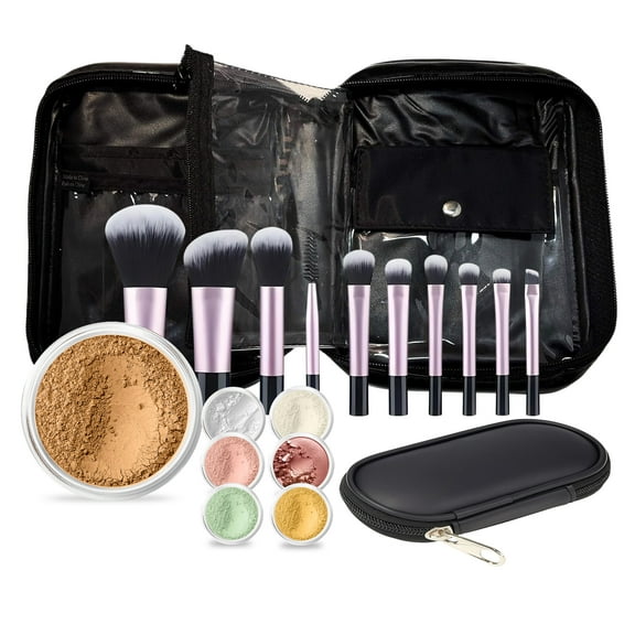 15 pc STARTER KIT w/BRUSHES & CASE (DEEP TAN) Mineral Makeup Foundation Blush Bronzer Illuminating Veil Set Bare Skin Matte Powder