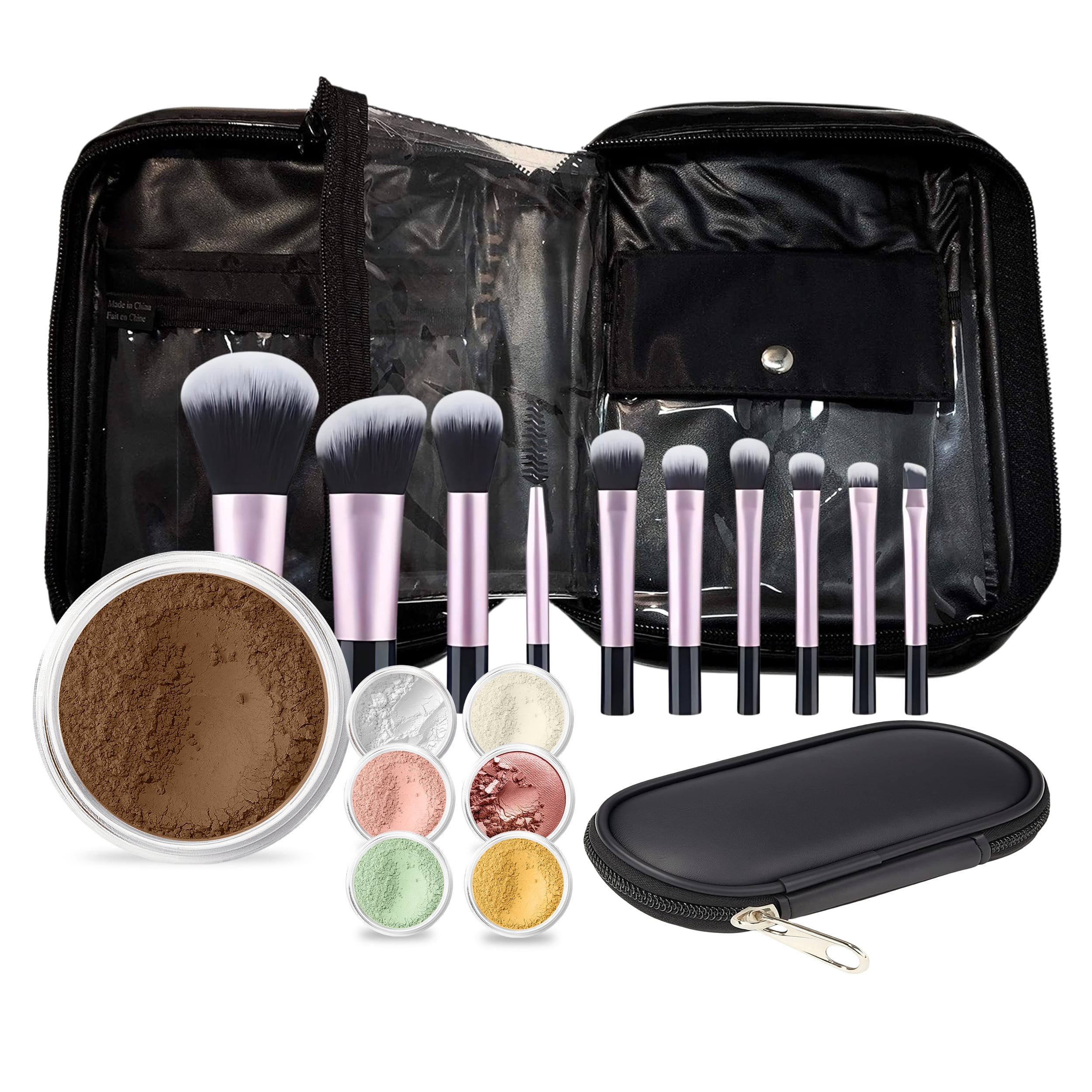 15 pc STARTER KIT w/BRUSHES & CASE (EBONY) Mineral Makeup Foundation Blush Bronzer Illuminating Veil Set Bare Skin Matte Powder