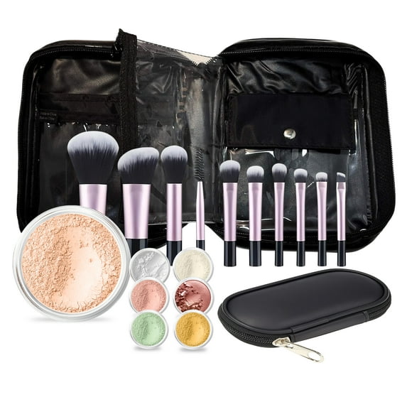 15 pc STARTER KIT w/BRUSHES & CASE (PINK BISQUE) Mineral Makeup Foundation Blush Bronzer Illuminating Veil Set Bare Skin Matte Powder