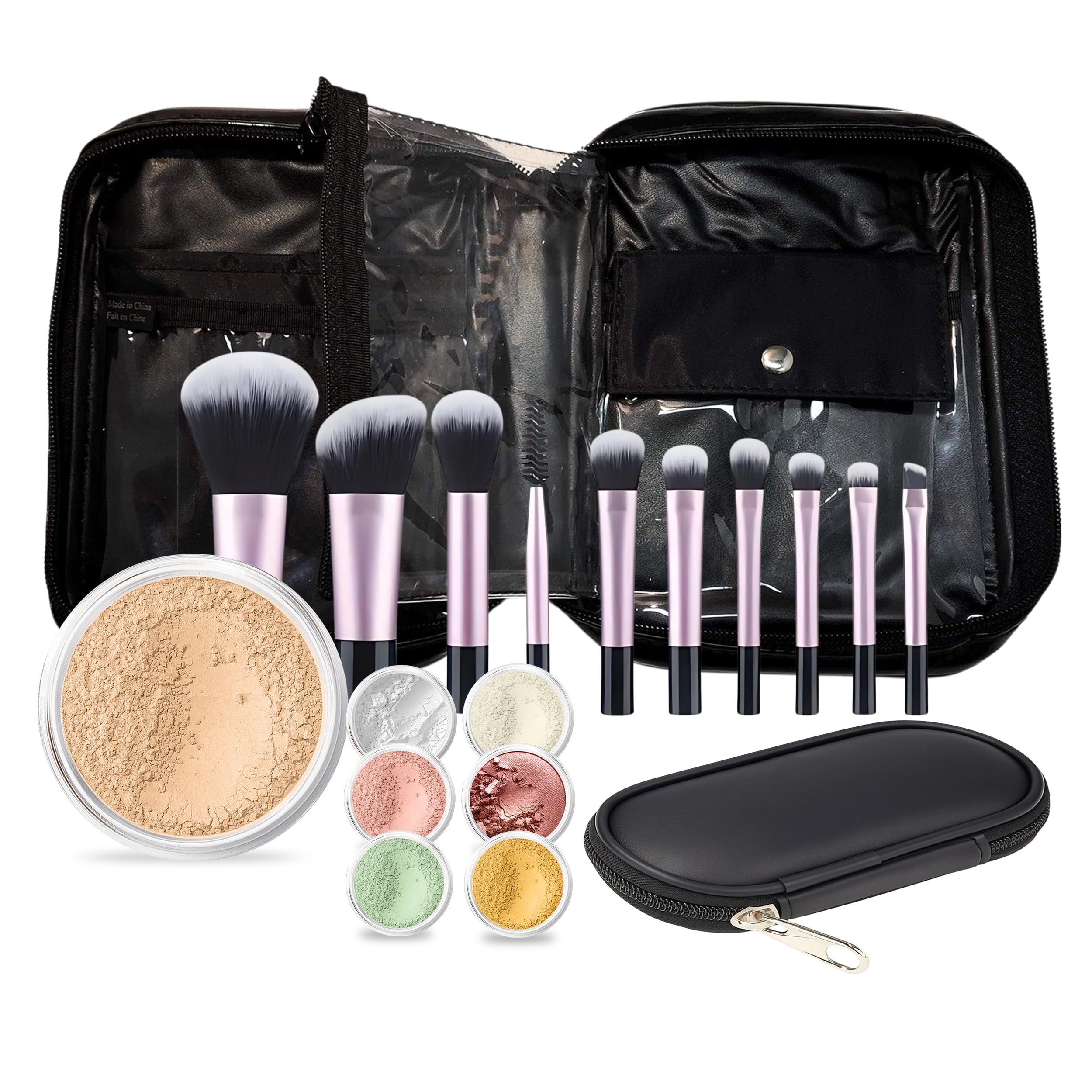 15 pc STARTER KIT w/BRUSHES & CASE (WARM Neutral Shade-Most Popular) Mineral Makeup Foundation Blush Bronzer Illuminating Veil Set Bare Skin Matte Powder
