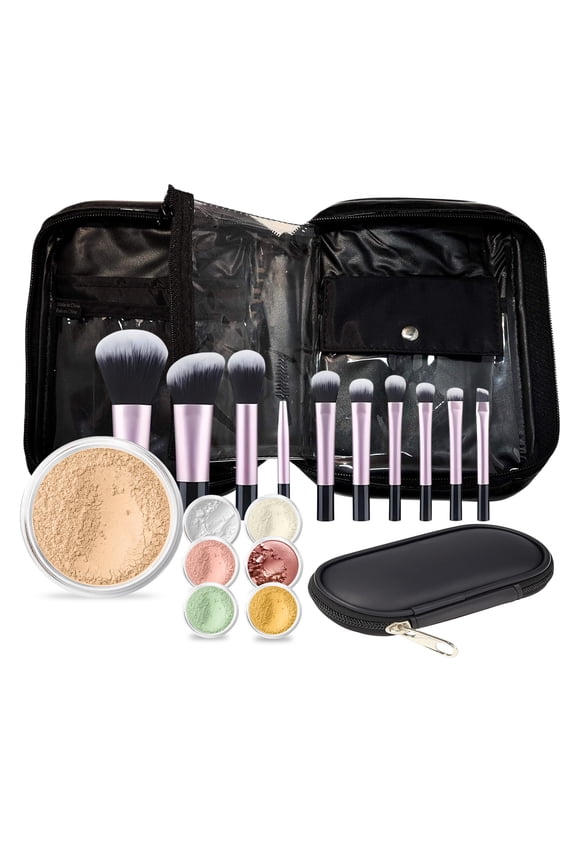 15 pc STARTER KIT w/BRUSHES & CASE (WARM Neutral Shade-Most Popular) Mineral Makeup Foundation Blush Bronzer Illuminating Veil Set Bare Skin Matte Powder
