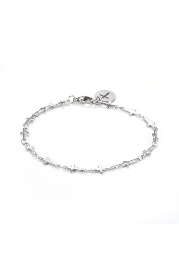 15 pc Tarnish Resistant 304 Stainless Steel Cross Link Anklets with Lobster Claw Clasps Flat Round with Cross Stainless Steel Color 8-7/8 inch(22.5cm)