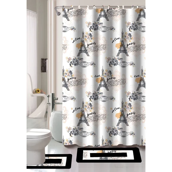 15-Piece Paris Black High Quality Jacquard Bathroom Bath Rug Set Anti-Slip and Shower Fabric Curtain