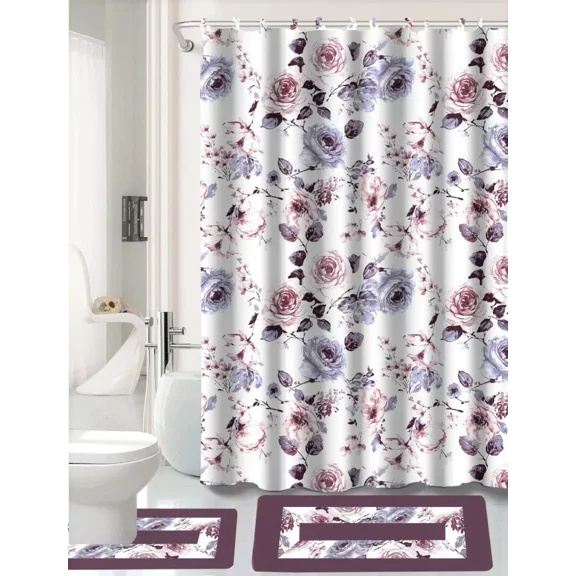 15-Piece Peony Purple High Quality Jacquard Bathroom Bath Rug Set Anti-Slip and Shower Fabric Curtain