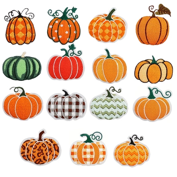15 pcs Fall Pumpkin Iron-On Patches: Plaid, Leopard & Dot Embroidered Appliques for Thanksgiving & Halloween DIY Crafts on Clothing, Backpacks & Hats