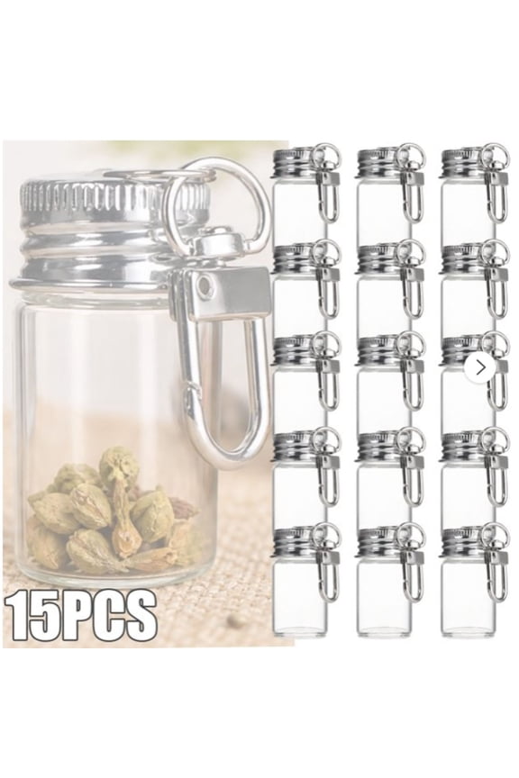 15 pcs Mini Glass Bottle Keychain with Screw Cap Small Clear Glass Bottles Keychains Metal Carabiner Clasp Tiny Glass Jars Empty Sample Vials for Essential Oil Perfume Handmade Pendant Home Decor