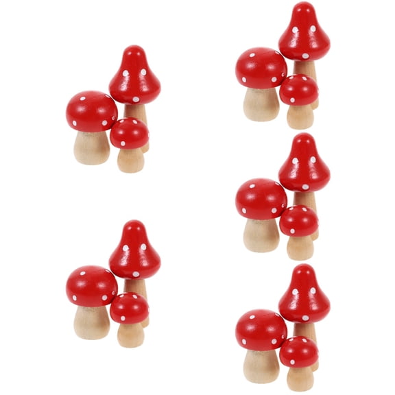 15 pcs Miniature Wooden Mushroom Figurines Red Toadstools Garden Accessories for Fairy Landscape Decor