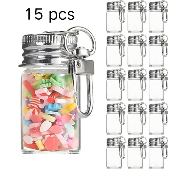 15 pcs Tiny Glass Wishing Jars Mini Glass Spice Containers with Keychain Clasp Aluminum Lid Clear Glass Storage Vials Bulk DIY Craft Drift Bottles for Wedding Souvenir Outdoor Travel Storage Pendants