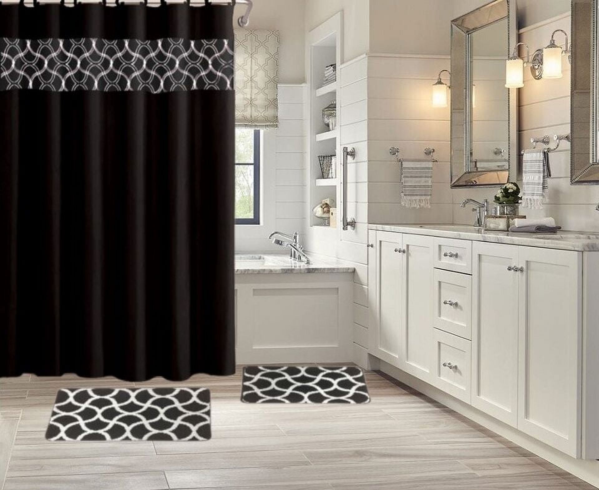 15-piece Geometric Black Hotel Bathroom Set - 2 Non-Slip Bath Mats/Rugs, 72x72 Polyester Shower Curtain, 12-Hooks