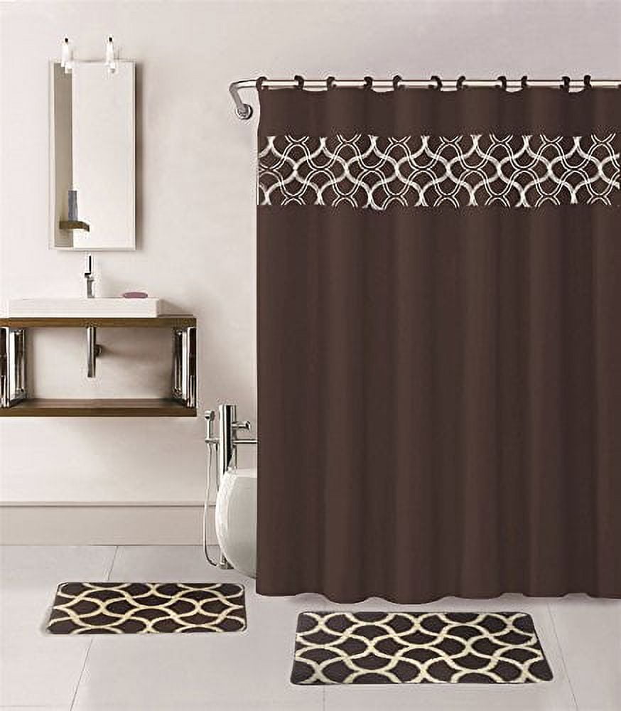 15-Piece Complete Hotel Bathroom Set - Non-Slip Bath Mats, Fabric Shower Curtain, 12 Hooks ...