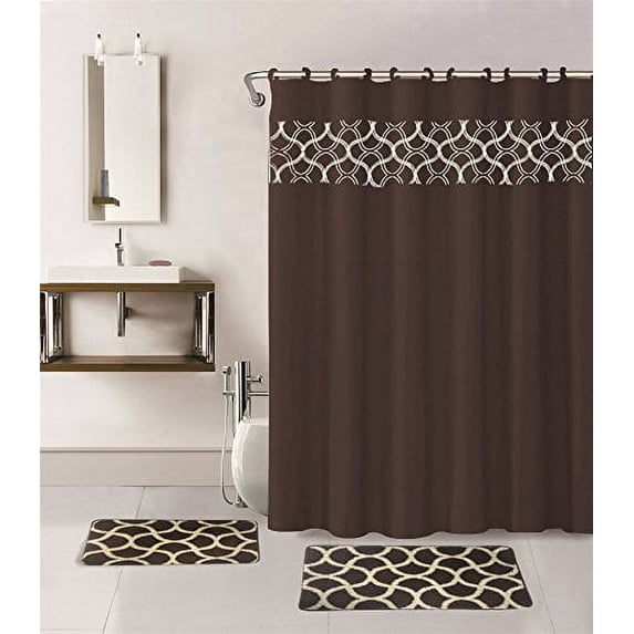 15-piece Hotel Bathroom Sets - 2 Non-Slip Bath Mats 1 Rugs Fabric Shower Curtain 12-Hooks GEOMETRIC BROWN