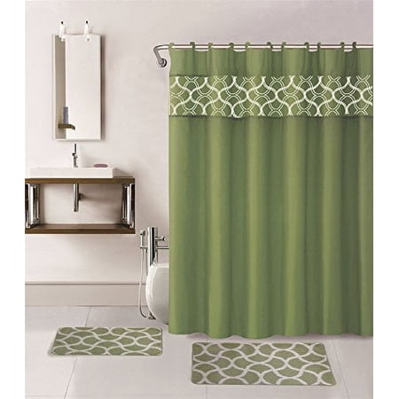 15-piece Hotel Bathroom Sets - 2 Non-Slip Bath Mats Rugs Fabric Shower Curtain 12-Hooks GEOMETRIC SAGE