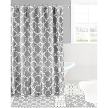 15-piece Hotel Bathroom Sets - 2 Non-Slip Bath Mats Rugs Fabric Shower Curtain 12-Hooks KATE