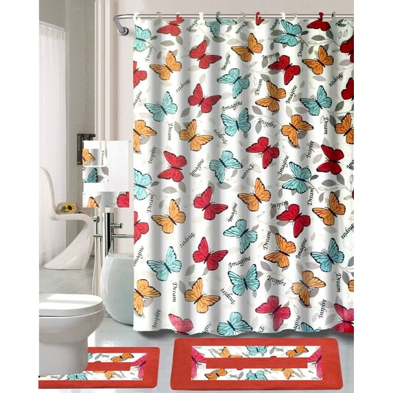 15-piece Hotel Bathroom Sets - 2 Non-Slip Bath Mats Rugs Fabric Shower Curtain 12-Hooks MULTICOLOR BUTTERFLY