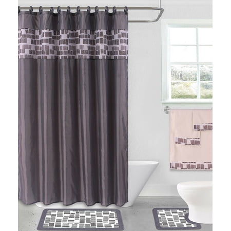 15-piece Hotel Bathroom Sets - 2 Non-Slip Bath Mats Rugs Fabric Shower Curtain 12-Hooks Silver Mosaic Print Design