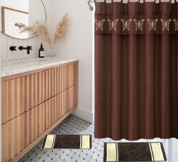 15-piece Hotel Bathroom Sets - 2 Non-Slip Bath Mats Rugs Polyester 72x72 Shower Curtain 12-Hooks Butterfly Brown