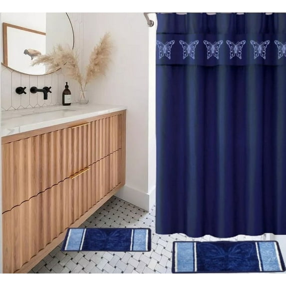 15-piece Hotel Bathroom Sets - 2 Non-Slip Bath Mats Rugs Polyester 72x72 Shower Curtain 12-Hooks Butterfly Navy
