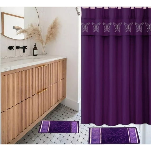 15-piece Hotel Bathroom Sets - 2 Non-Slip Bath Mats Rugs Polyester 72x72 Shower Curtain 12-Hooks Butterfly Purple