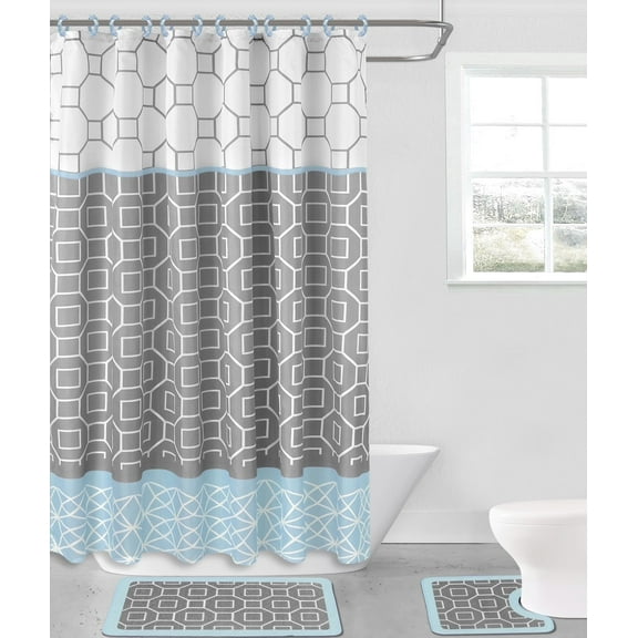 15-piece Hotel Bathroom Sets with 2 Non-Slip Bath Mats Rugs Fabric Shower Curtain
