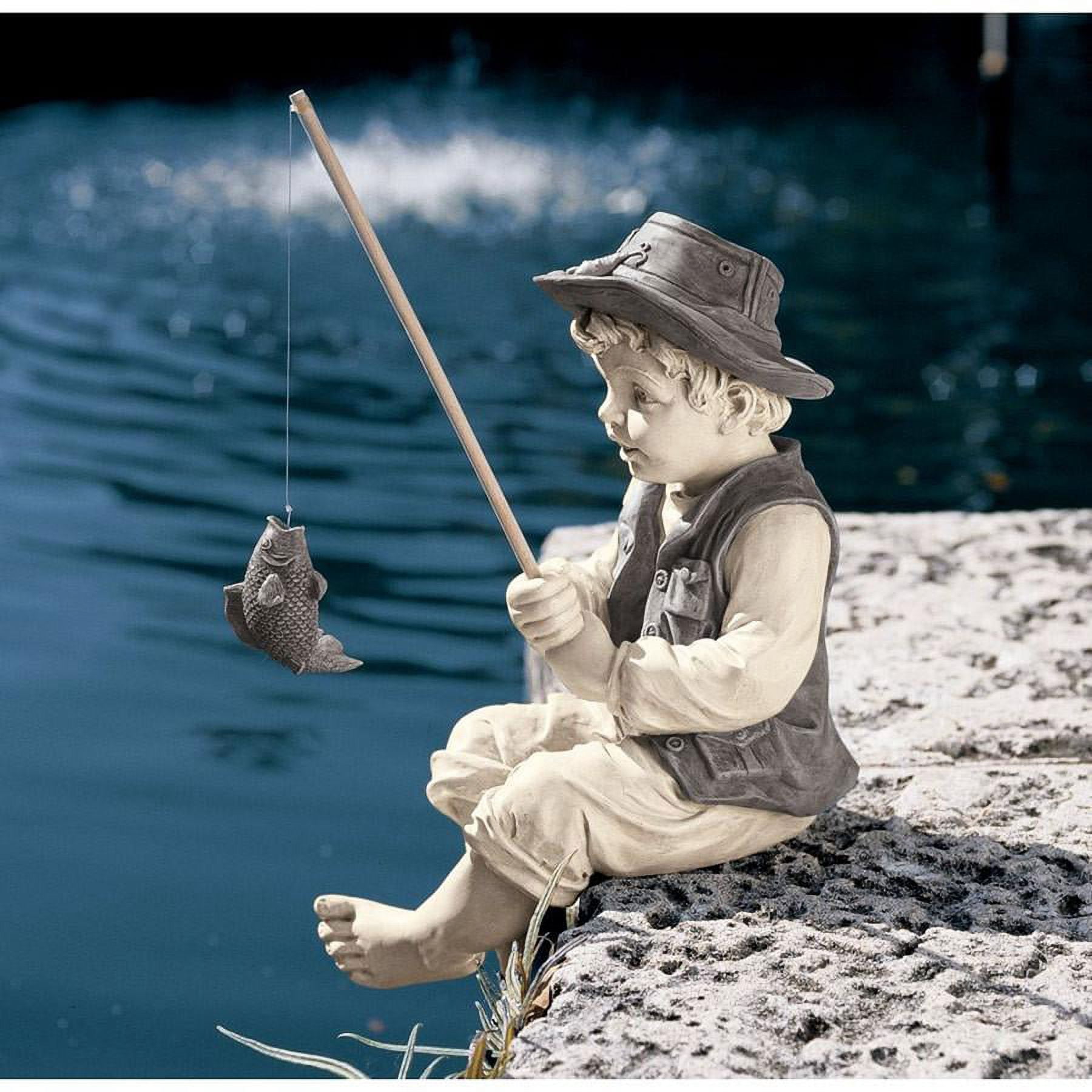 15" Fisherman Child Home Pool Garden Sculpture (Xoticbrands)