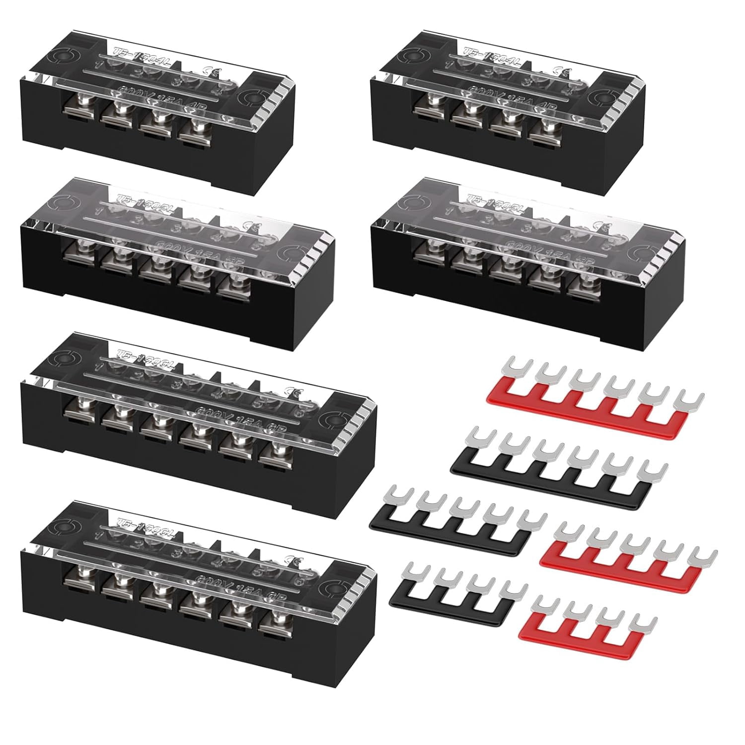 15 screw terminal blocks, 4/5/6 positions double row covered, 400 pre-insulated terminal isolation bars (6 sets of 154/5/6 + 6 sets of connecting bars)