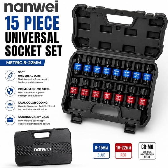 15 sets of flexible swinging sleeves, 3/8 inch drive, impact socket, 6-point, metric, 8-22mm, CR-MO material, with a sturdy storage box, red and blue exclusive color rings.