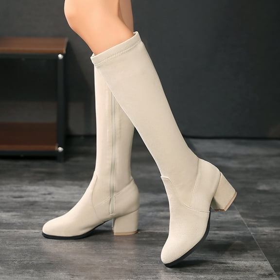 $15 & under Aueoeo Women'S Knee High Boots Low Heel Stretchy Round Toe Shoes With Side Zipper Fall Weather Winter Tall Boots For Ladies Beige