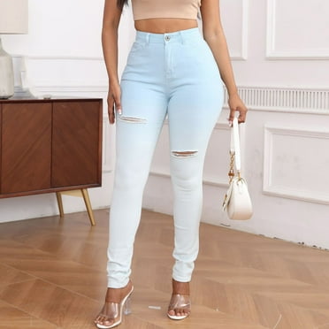 $15 & under Aueoeo Women's High Waisted Jeans Ripped Skinny Stretch Jeans Distressed Butt Lifting Denim Pants S Light Blue