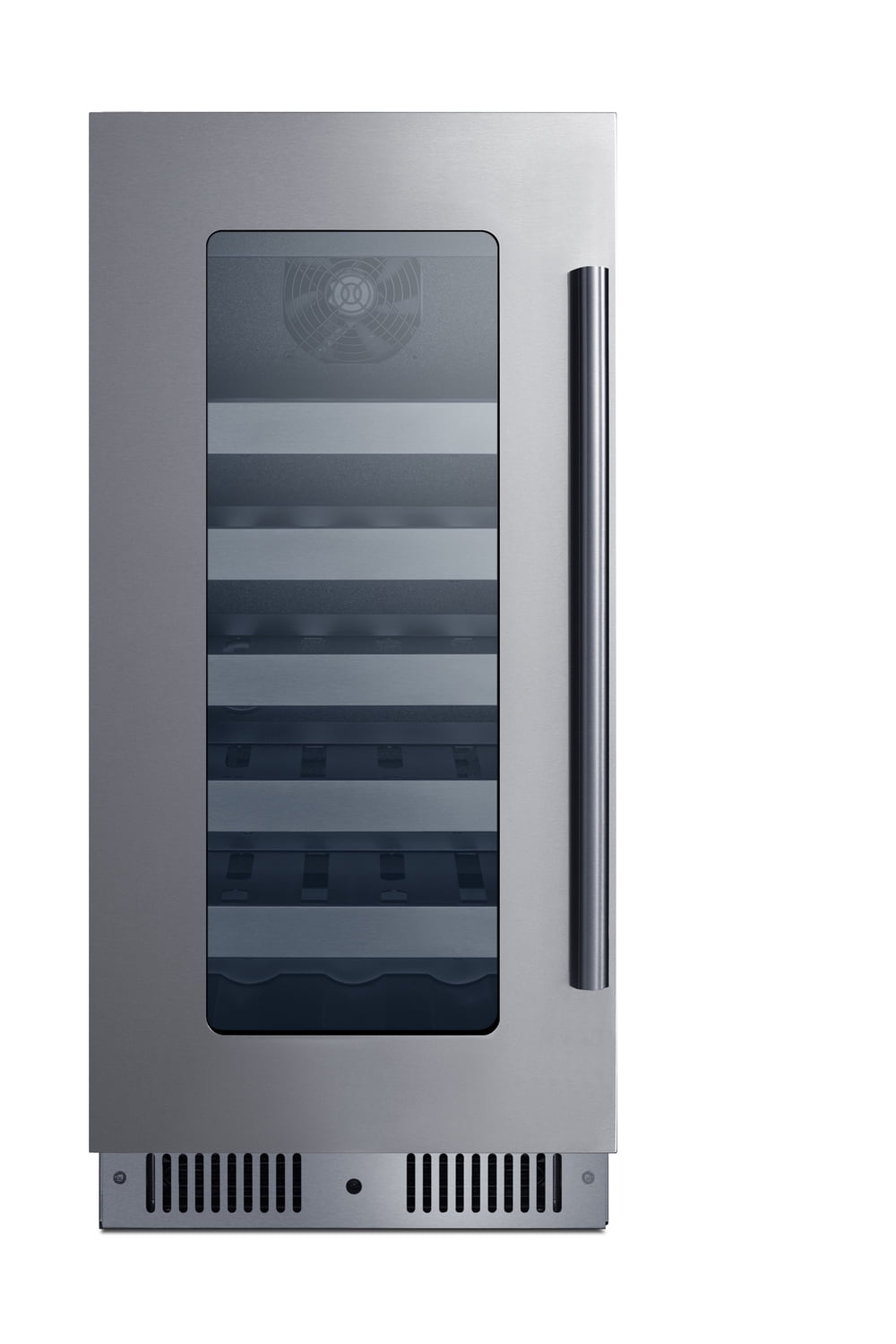 15" wide built-in undercounter premium wine cellar with glass door, stainless steel cabinet, lock, and digital controls