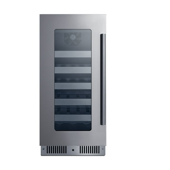15" wide built-in undercounter premium wine cellar with glass door, stainless steel cabinet, lock, and digital controls