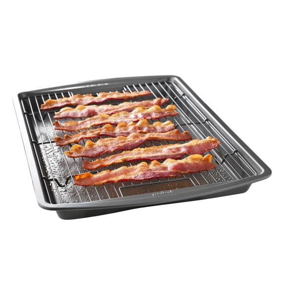 15” x 10.5” Nonstick Carbon Steel Baking Pan & Raised Wire Rack – Pizza Crisper, Crispy Bacon, Multipurpose Cooking Sheet Pan, Cooling Rack, Kitchen Cookware Set, Dishwasher Safe