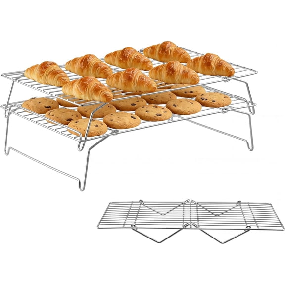 15" x 10" Cooling Rack, 3-Tier Stainless Steel Baking Rack for Cookies, Cupcakes, and Pastries, Collapsible Space-Saving Design, Dishwasher Safe, Ideal for Baking, Roasting, and Drying