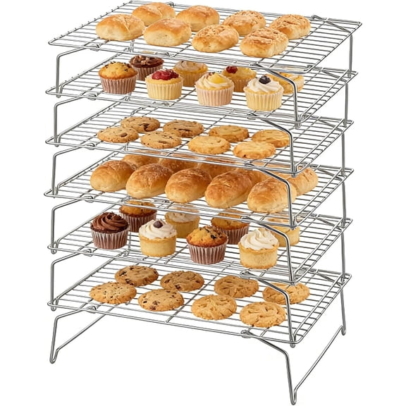 15" x 10" Cooling Rack, 6-Tier Stainless Steel Baking Rack for Cookies, Cupcakes, and Pastries, Collapsible Space-Saving Design, Dishwasher Safe, Ideal for Baking, Roasting, and Drying