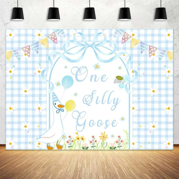 15 x 10 ft One Silly Goose Blue Baby Shower Party Backdrop, Blue Plaid Arch Cute Little Goose 1st Birthday Newborn Party Background Decorations Supplies Photo Studio Props
