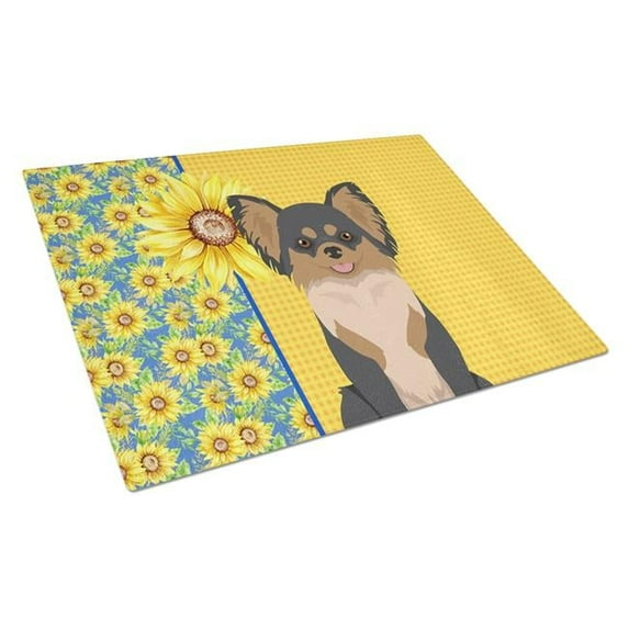15 x 12 in. Summer Sunflowers Longhaired Black & Tan Chihuahua Glass Large Cutting Board
