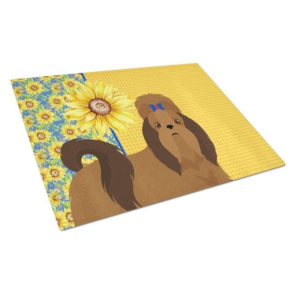 15 x 12 in. Summer Sunflowers Red Shih Tzu Glass Large Cutting Board