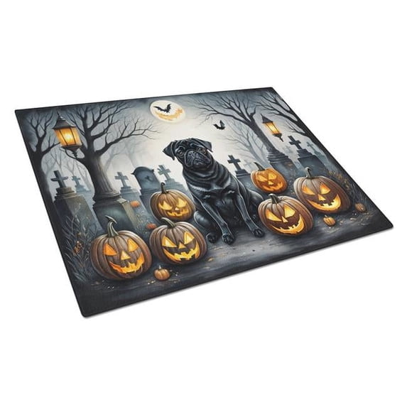 15 x 12 in. Unisex Black Pug Spooky Halloween Glass Cutting Board - Large