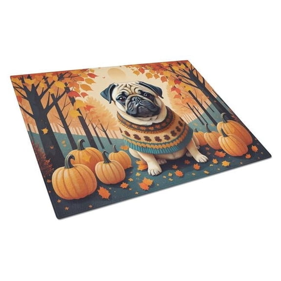 15 x 12 in. Unisex Fawn Pug Fall Glass Cutting Board - Large