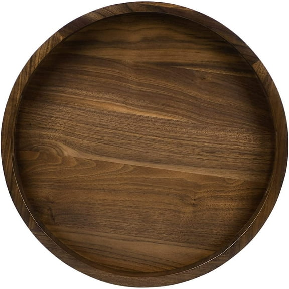 15 x 15 inches Round Ottoman Table Tray, Wooden Solid Black Walnut Circle Platter Decorative Serving Tray with Handle for Oversized Ottoman Home Breakfast in Bed Tea Coffee