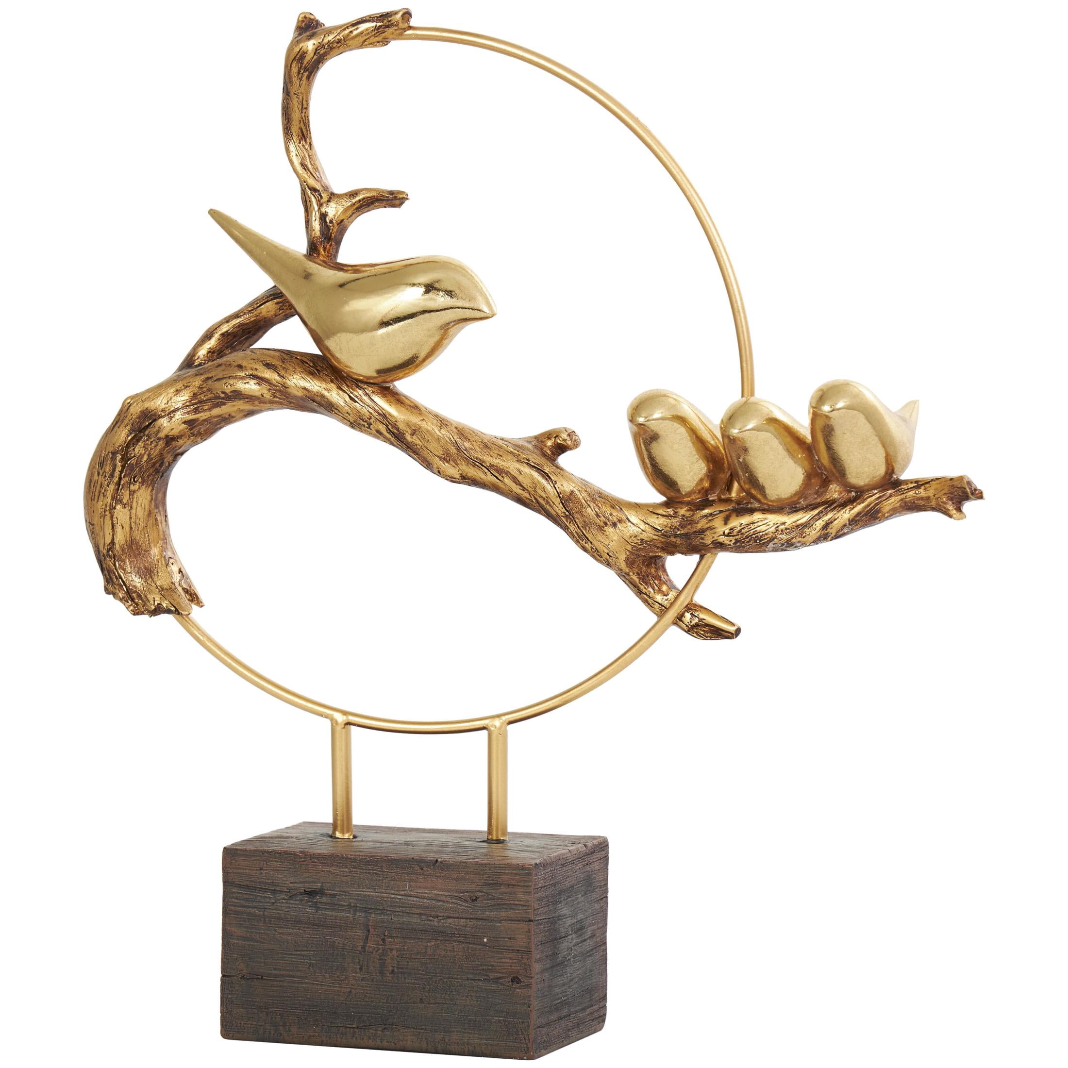 15" x 16" Gold Polystone Family On A Branch Bird Sculpture with Brown Block Base, by DecMode