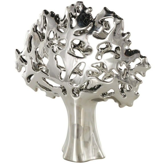 15" x 16" Silver Ceramic Glossy Tree Sculpture with Abstract Cutouts, by DecMode