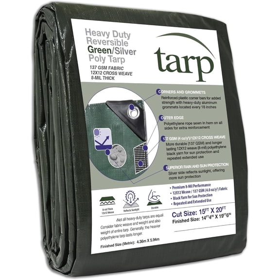 15 x 20 Ft. Heavy-Duty Protection/Coverage Tarp, 8-mil, Reversible, Multi-Use, Waterproof, Green-Silver