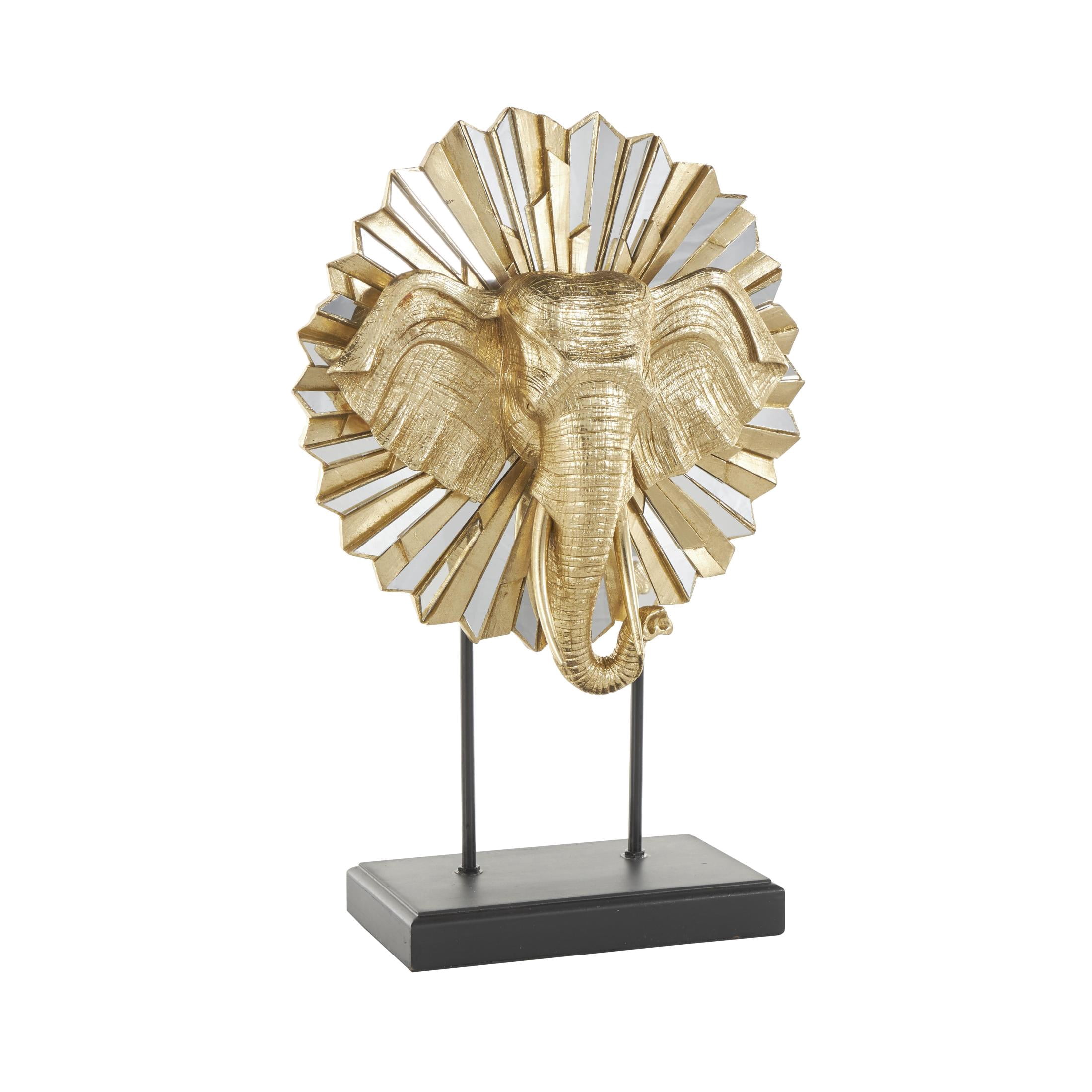 15" x 22" Gold Resin Elephant Sculpture with Mirrored Sunburst Accent and Black Stand, by DecMode